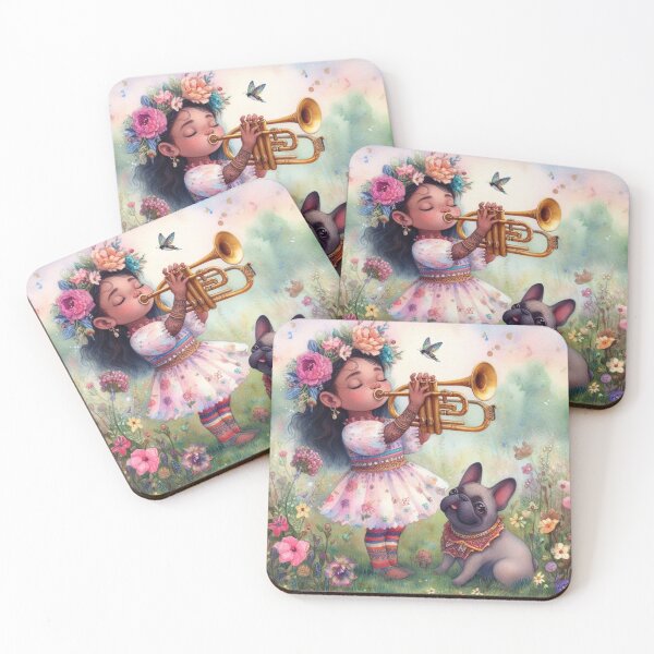 Item preview, Girl in Floral Dress Playing Trumpet with French Bulldog in Flowery Meadow at Sunrise (#7/7). designed and sold by ElegantTeaTime.