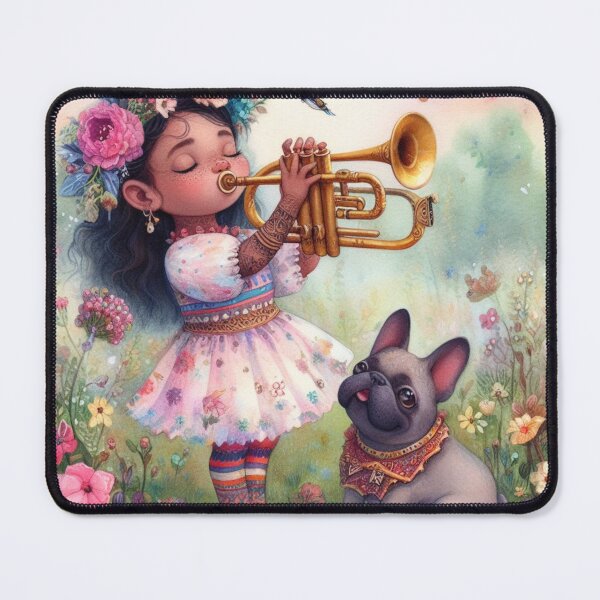 Item preview, Girl in Floral Dress Playing Trumpet with French Bulldog in Flowery Meadow at Sunrise (#7/7). designed and sold by ElegantTeaTime.
