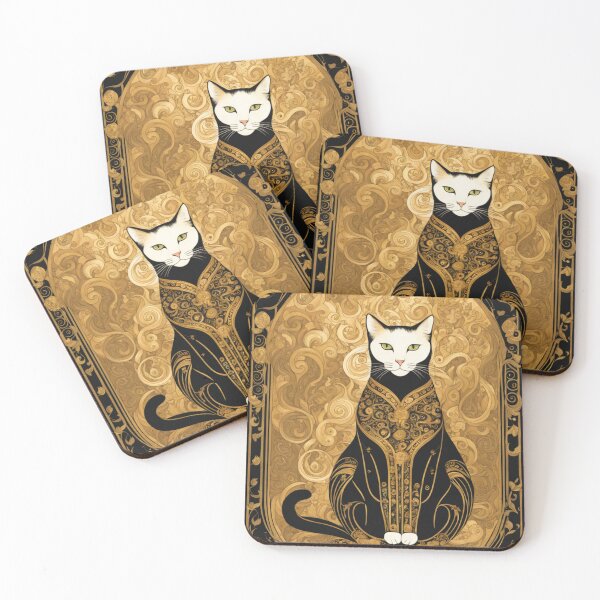 Artikelvorschau, Goldene Katzen - Von Gustav Klimt inspirierte goldene Muster, dekorative Kunst entworfen und verkauft von Butler in the Home.