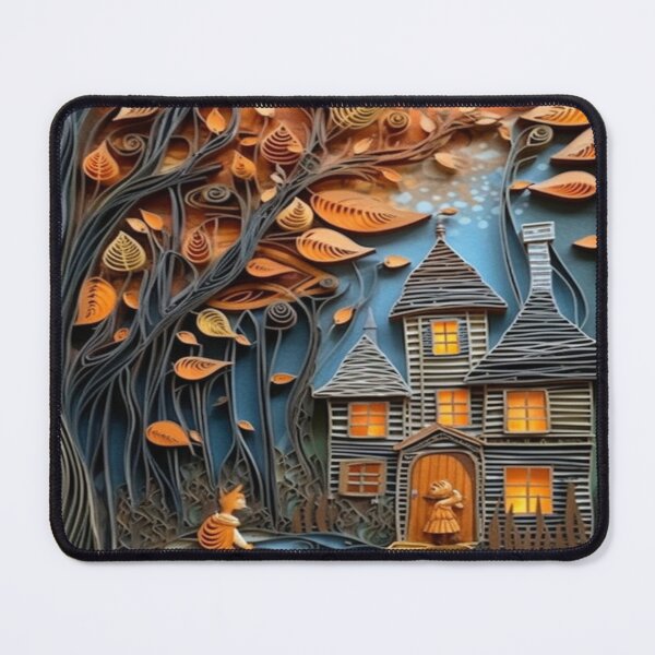 Aperçu de l'œuvre Papier Quilled Style Folk Art Soirée d’automne Forest Cottage créée et vendue par AmandaArcane.