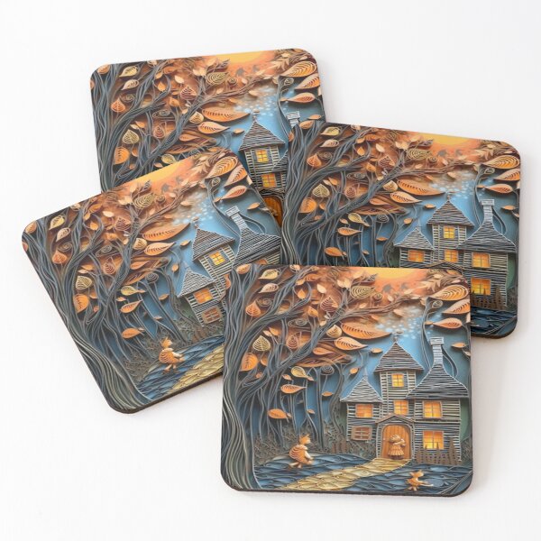 Item preview, Paper Quilled Style Folk Art Autumn Evening Forest Cottage designed and sold by AmandaArcane.