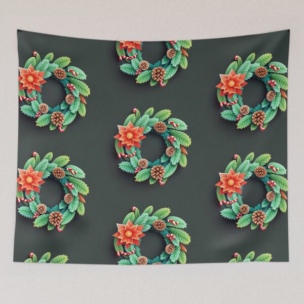 Item preview, spruce wreath, bright green, flower, red fabrics Christmas spruce wreath Star of Bethlehem red black green plantain designed and sold by gulka8.