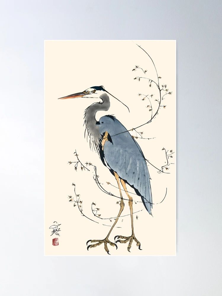 Japanese Painting Art Print, store Water Spaniel Confronting a Heron, Japanese Wall Art, Asian Decor