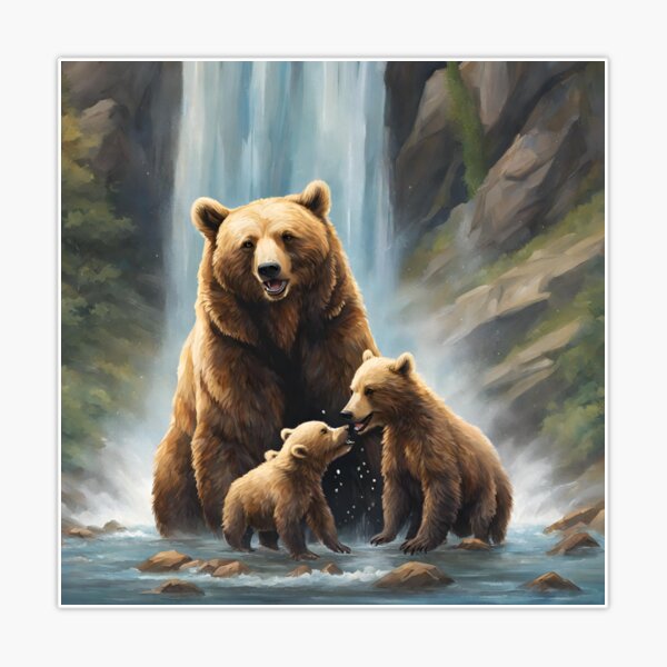 Mother Bear and Cubs play under a waterfall Sticker for Sale by  RekindleArt