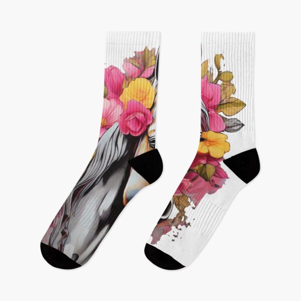 Artikelvorschau, Ein Pferd geschmückt mit rosa und gelben Blumen Pop Art, Pferdeliebe entworfen und verkauft von Mahilis.