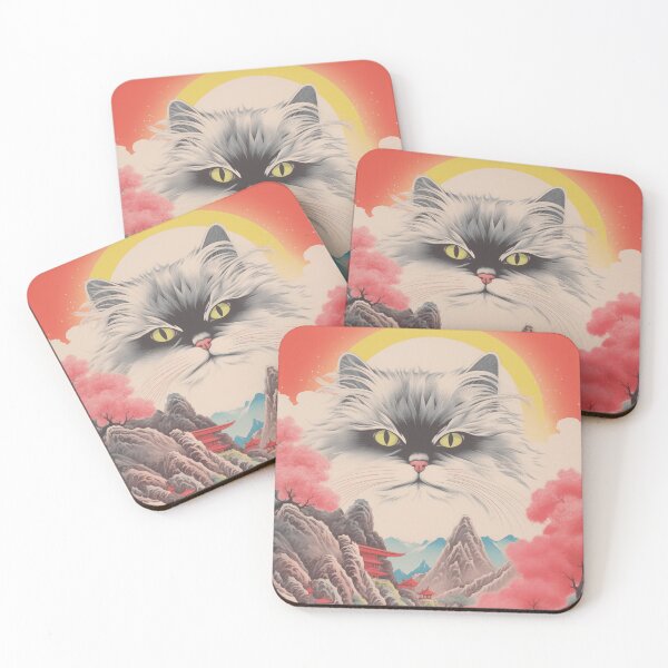 Item preview, Vintage Japanese Landscape with Traditional Asian Nature, Cherry Blossom, Mountains and a Fluffy White Cat designed and sold by Je-we.