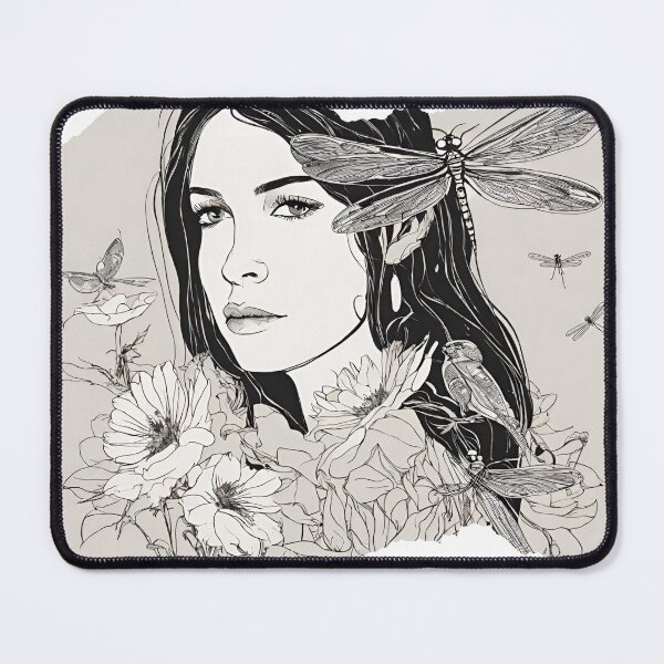 Item preview, Young woman in the sea of flowers with dragonflies designed and sold by kreativeadern.