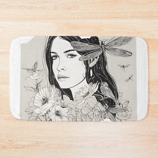 Item preview, Young woman in the sea of flowers with dragonflies designed and sold by kreativeadern.