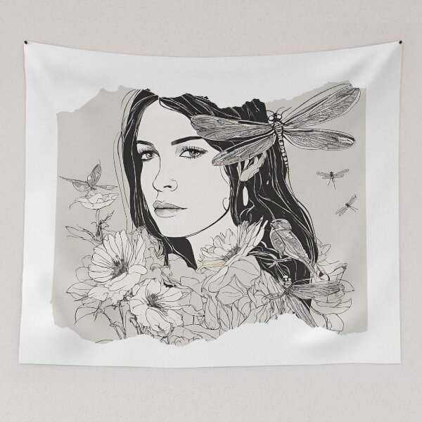 Item preview, Young woman in the sea of flowers with dragonflies designed and sold by kreativeadern.