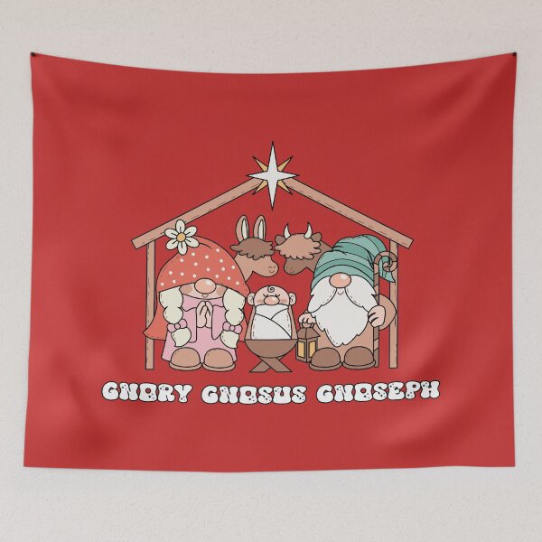 Item preview, Gnory, Gnosus, and Gnoseph - Cute and Funny Mary, Jesus, and Joseph Gnomes Nativity Scene/crèche (Black Outline and White Text Design) designed and sold by Spiprinto.