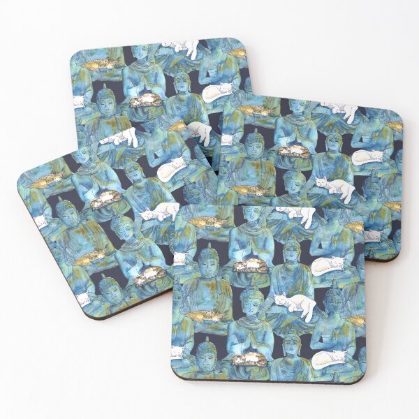 Item preview, Blue Watercolor Serene Zen Buddha Statues with Sleeping Kitty Cats designed and sold by Valerie Englehart.
