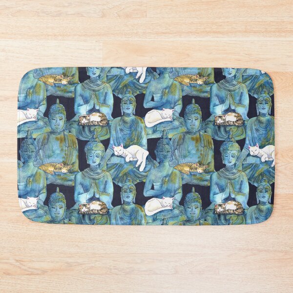 Item preview, Blue Watercolor Serene Zen Buddha Statues with Sleeping Kitty Cats designed and sold by Valerie Englehart.