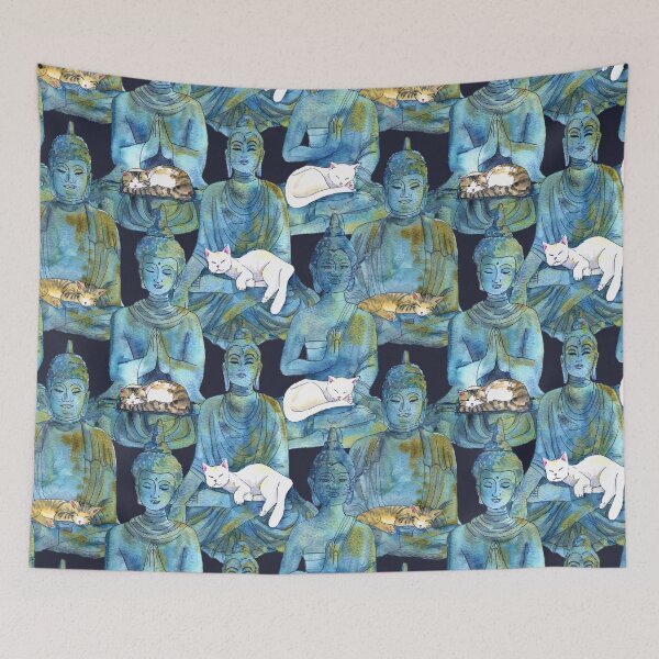 Item preview, Blue Watercolor Serene Zen Buddha Statues with Sleeping Kitty Cats designed and sold by Valerie Englehart.