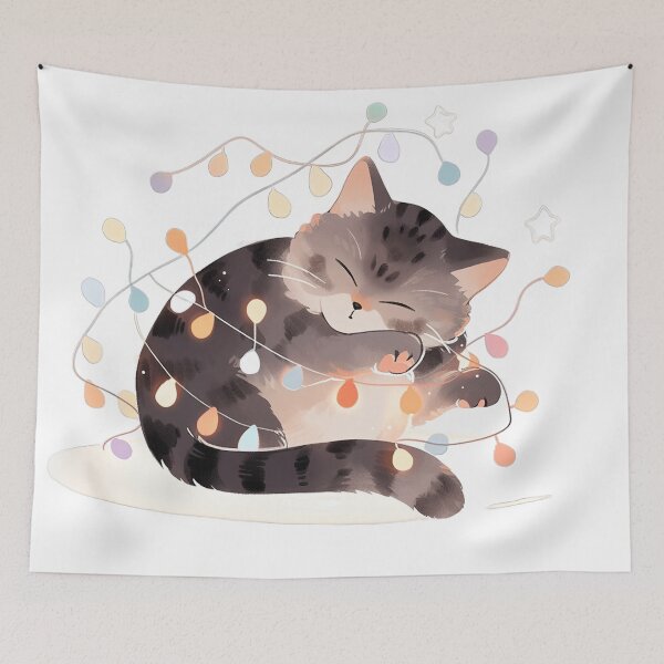 Item preview, Adorable Cat Tangled in Christmas Lights designed and sold by LittleLuvies.