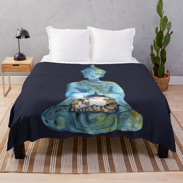 Item preview, Blue Watercolor Zen Buddha Statue with Sleeping Calico Cat Painting designed and sold by Valerie Englehart.