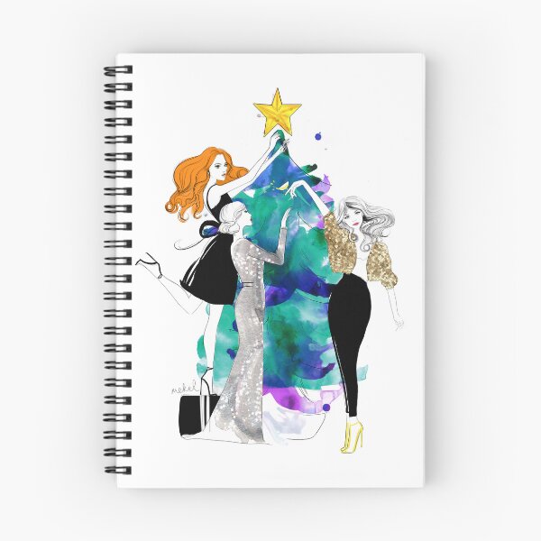 Item preview, Christmas fashion illustration ladies trimming the tree designed and sold by mekel.
