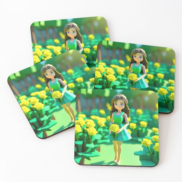 Item preview, doll looking girl wearing sea green dress holding a yellow rose flower bokeh in a garden designed and sold by thebitsinc.