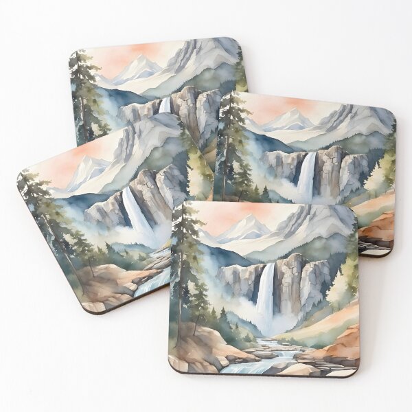 Item preview, Watercolor waterfall with mountain background, rustic nature designed and sold by Jayjaynaenae.