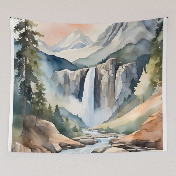 Item preview, Watercolor waterfall with mountain background, rustic nature designed and sold by Jayjaynaenae.