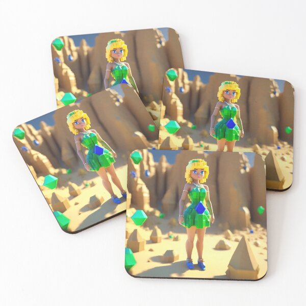 Item preview, doll looking girl wearing vibrant sea green dress standing amidst big emerald gems at the desert designed and sold by thebitsinc.