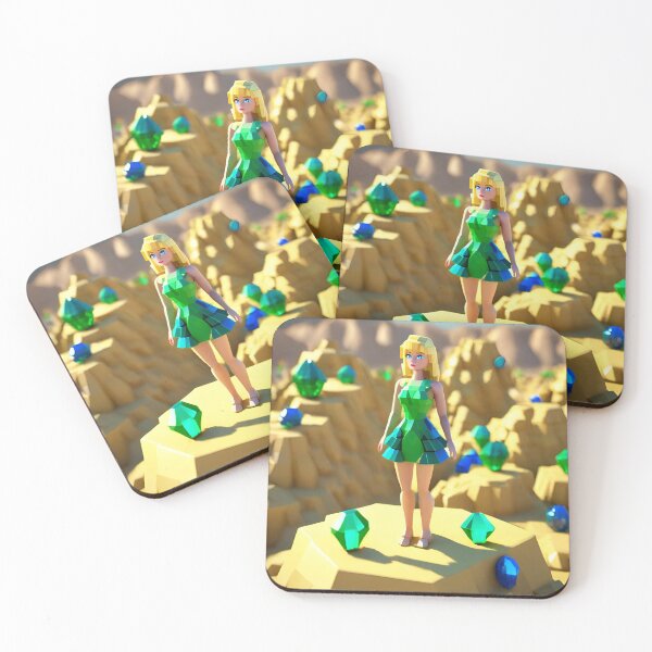 Item preview, doll looking girl wearing vibrant sea green dress standing amidst big emerald gems at the desert hills designed and sold by thebitsinc.