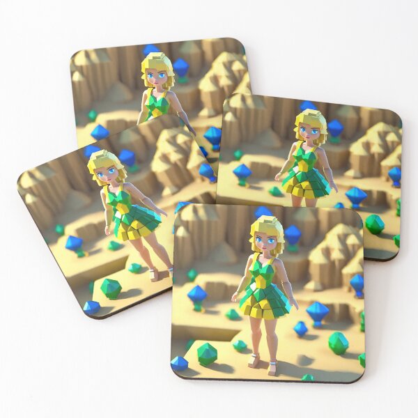 Item preview, doll looking girl wearing vibrant sea green yellow dress standing amidst big emerald and sapphire gems at the desert hills designed and sold by thebitsinc.