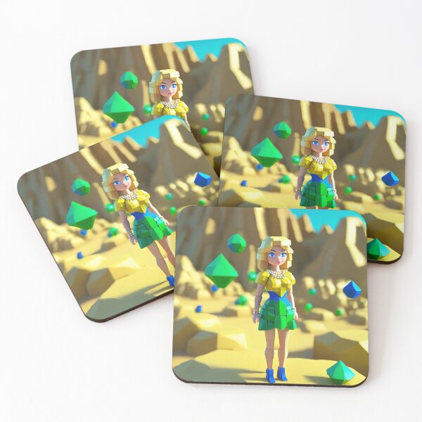 Item preview, doll looking girl wearing vibrant yellow royal blue sea green dress standing amidst big emerald and sapphire gems at the desert hills designed and sold by thebitsinc.