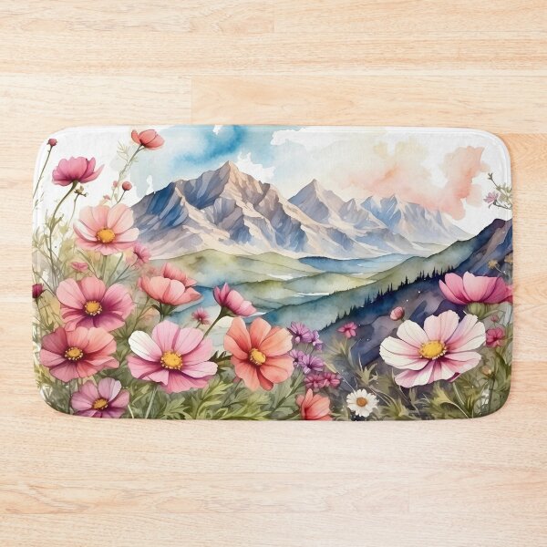 Item preview, Watercolor rustic cosmos flowers field wtih mountain background designed and sold by Jayjaynaenae.