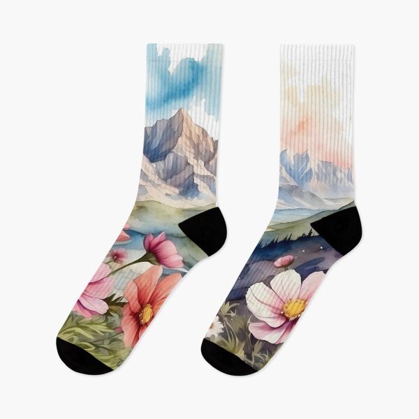 Item preview, Watercolor rustic cosmos flowers field wtih mountain background designed and sold by Jayjaynaenae.