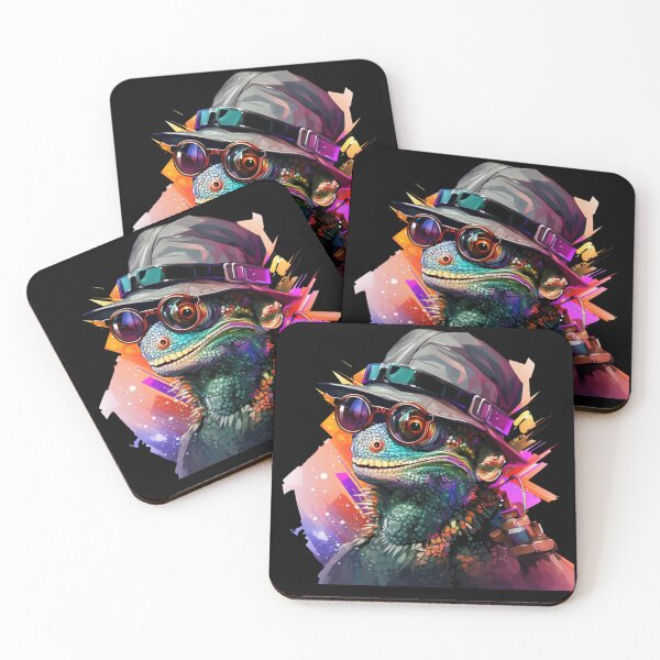 Item preview, T-shirt design of a cyberpunk chameleon,wearing glasses, adaptive, colorful, elusive, with holographic scales,  designed and sold by DeepDrop Studio.