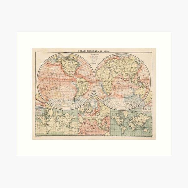 Vista previa del artículo con la obra «Mapa de las corrientes oceánicas del mundo de la vendimia (1905)», diseñado y vendido por BravuraMedia.