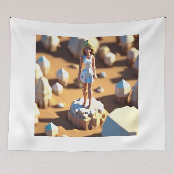 Item preview, doll looking girl wearing white mini dress standing amidst big diamonds at the desert hills designed and sold by thebitsinc.