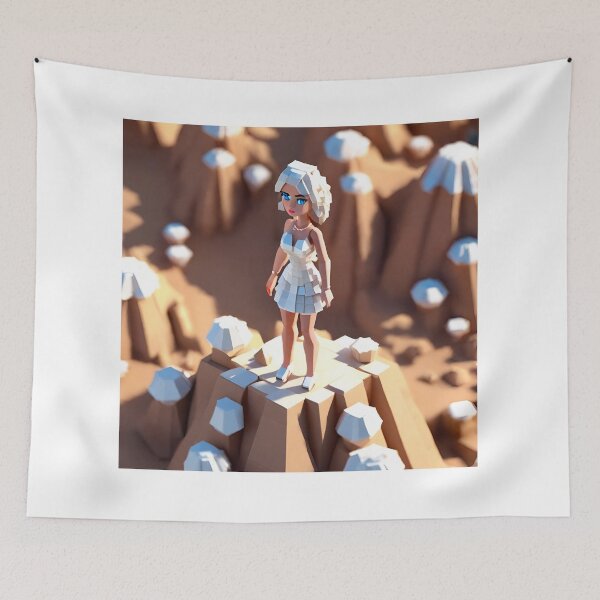 Item preview, doll looking girl wearing white mini dress standing amidst big diamonds at the desert hills designed and sold by thebitsinc.