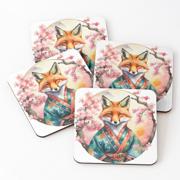 Item preview, Watercolor Fox Wearing Kimono Cherry Blossoms designed and sold by craftyvixenart.