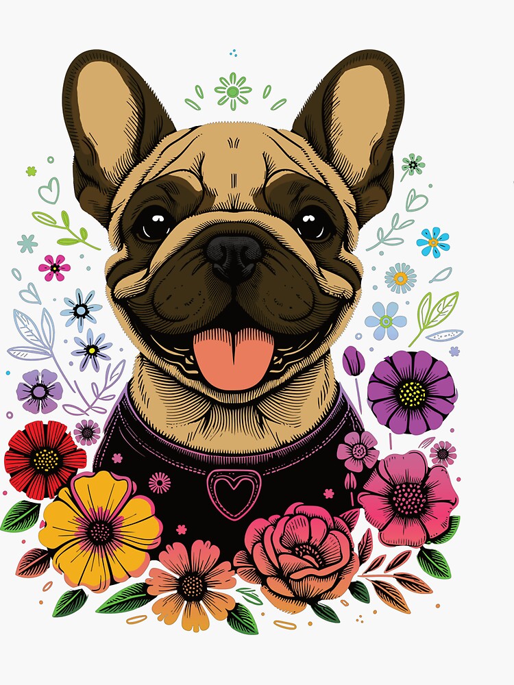 Thumbnail 3 of 3, Sticker, French Bulldog & Flowers in Colour white background designed and sold by hidden-design.
