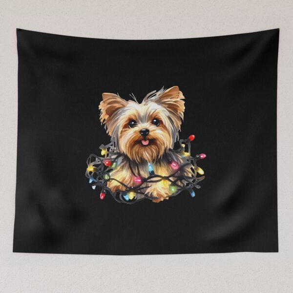 Item preview, Cute Yorkie puppy tangled up in Christmas lights. designed and sold by shirtsmugslife.