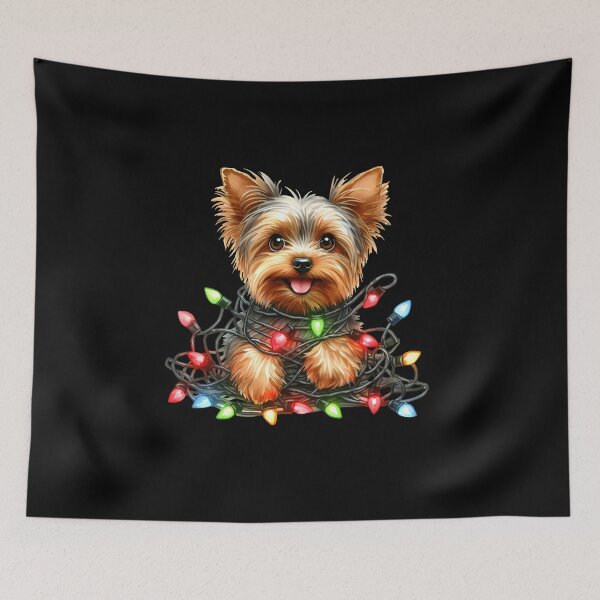 Item preview, Cute Yorkie puppy tangled up in Christmas lights. designed and sold by shirtsmugslife.