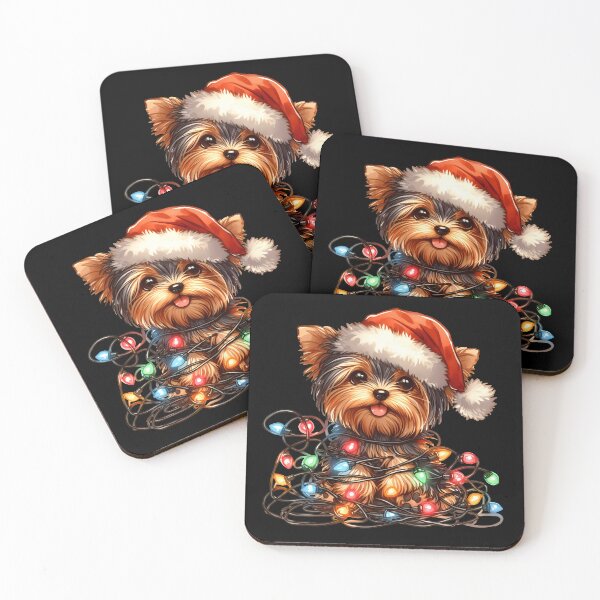 Item preview, Cute Yorkie puppy with Santa hat tangled up in Christmas lights. designed and sold by shirtsmugslife.