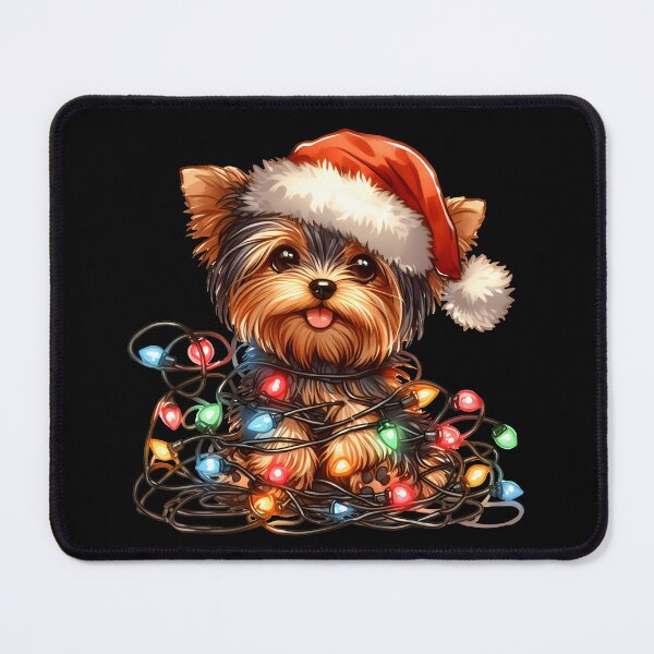 Item preview, Cute Yorkie puppy with Santa hat tangled up in Christmas lights. designed and sold by shirtsmugslife.