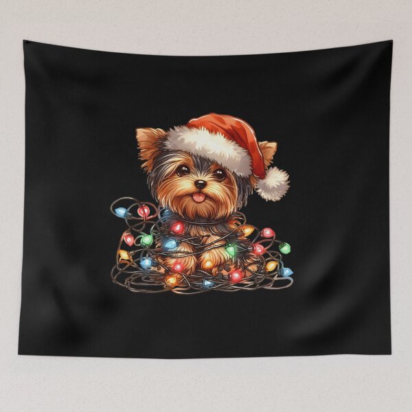 Item preview, Cute Yorkie puppy with Santa hat tangled up in Christmas lights. designed and sold by shirtsmugslife.