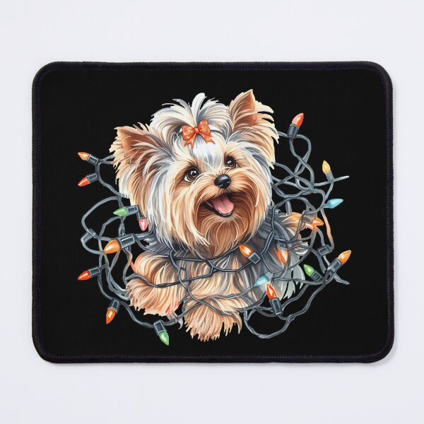 Item preview, Cute Yorkie with ribbon in hair tangled up in Christmas lights. designed and sold by shirtsmugslife.