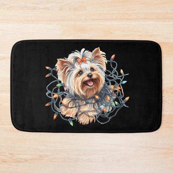 Item preview, Cute Yorkie with ribbon in hair tangled up in Christmas lights. designed and sold by shirtsmugslife.
