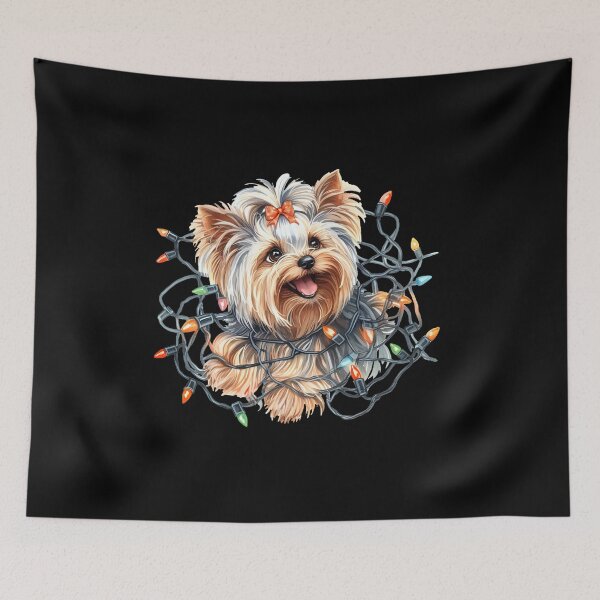 Item preview, Cute Yorkie with ribbon in hair tangled up in Christmas lights. designed and sold by shirtsmugslife.