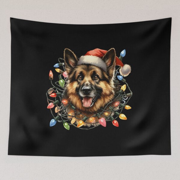 Item preview, Cute German Shepherd with Santa hat tangled up in Christmas lights. designed and sold by shirtsmugslife.