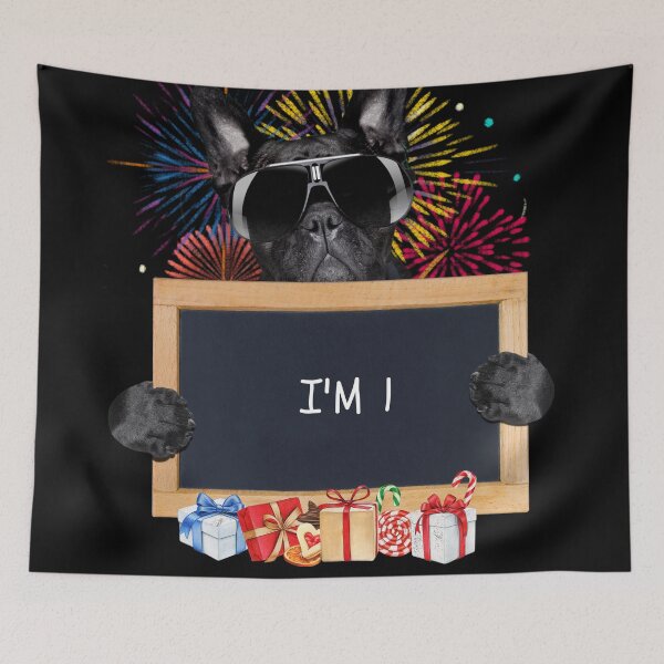 Item preview, A black dog wearing glasses holds a chalkboard with "I'M 1"  designed and sold by attakorn.