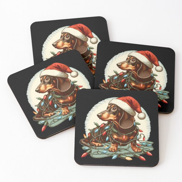 Item preview, Cute Dachshund wearing a Santa hat tangled up in Christmas lights designed and sold by shirtsmugslife.