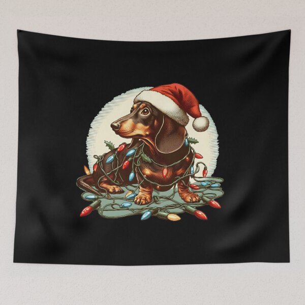 Item preview, Cute Dachshund wearing a Santa hat tangled up in Christmas lights designed and sold by shirtsmugslife.