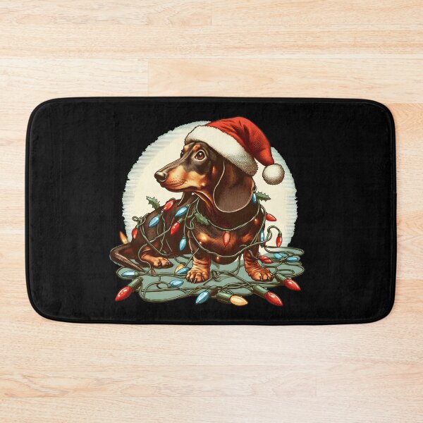 Item preview, Cute Dachshund wearing a Santa hat tangled up in Christmas lights designed and sold by shirtsmugslife.