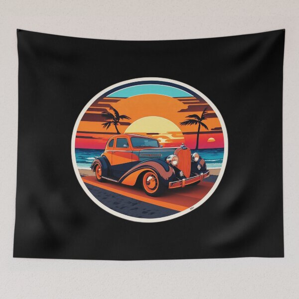 Item preview, Classical Car with Palm Tree on a Beach at Sunset designed and sold by NautiChic.