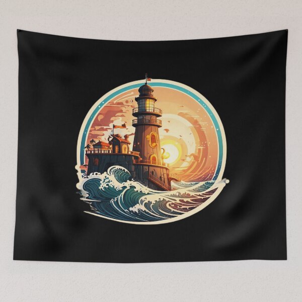 Item preview, Pirate Lighthouse at Sunset with Ocean Waves designed and sold by NautiChic.